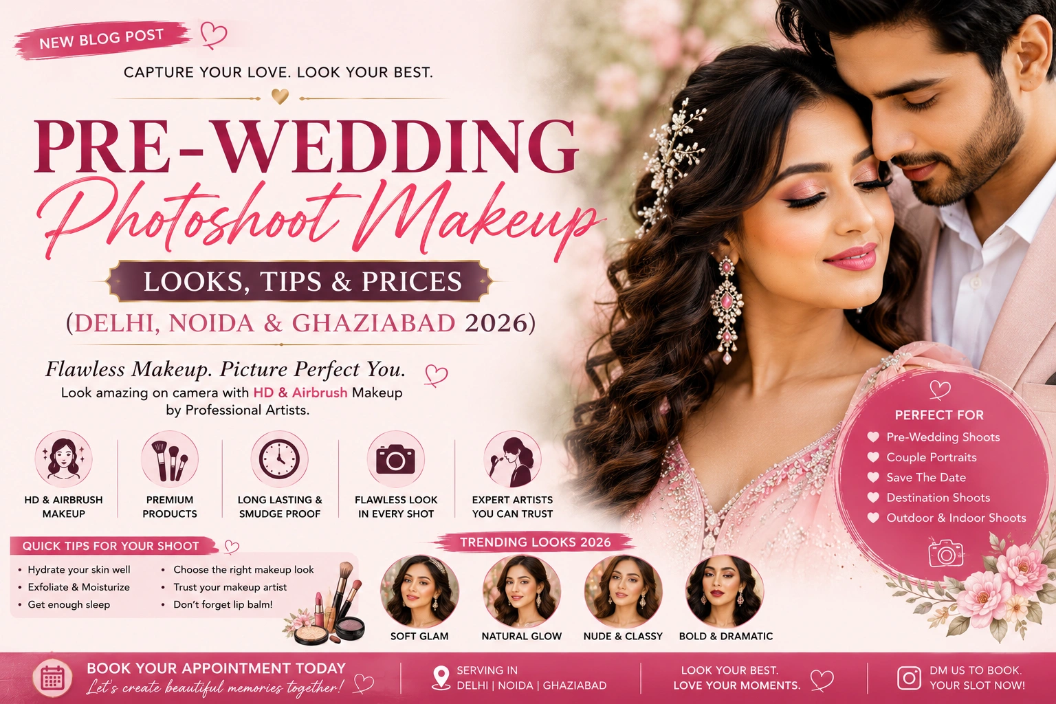 Pre-Wedding Photoshoot Makeup: Looks, Tips & Prices (Delhi, Noida & Ghaziabad 2026)